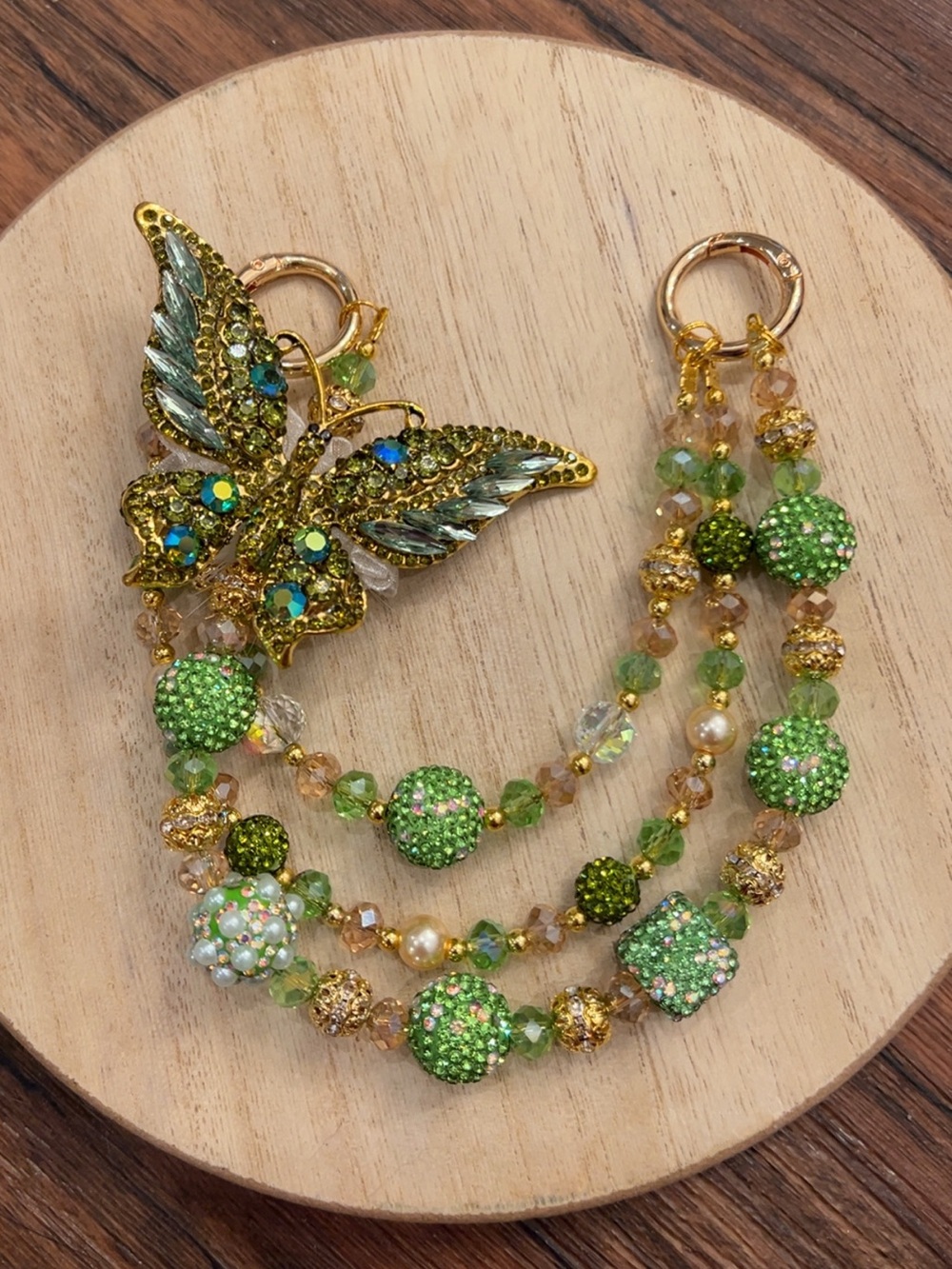 Green Crystal Butterfly Bag or Phone Chain - Gold Tone
